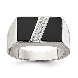 925 Sterling Silver Genuine Fine Jewelry Rhodium-plated Men's  CZ & Onyx Ring